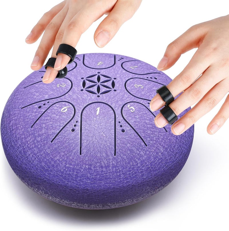 PUJONI Steel Tongue Drum, 6 Inch 8 Notes Percussion Instruments with Music Book, Mallets, Carry Bag, Finger Picks, Gifts for Beginners Musical Education & Adults Relaxation Meditation (Lavender) - Image 3
